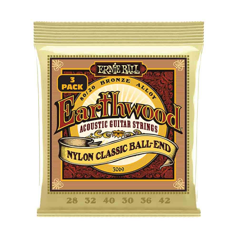Ernie Ball Earthwood Folk Nylon, Clear & Gold Ball End, 80/20 Bronze 3069 經典純粹 古典吉他套弦 (3件組) 28-42