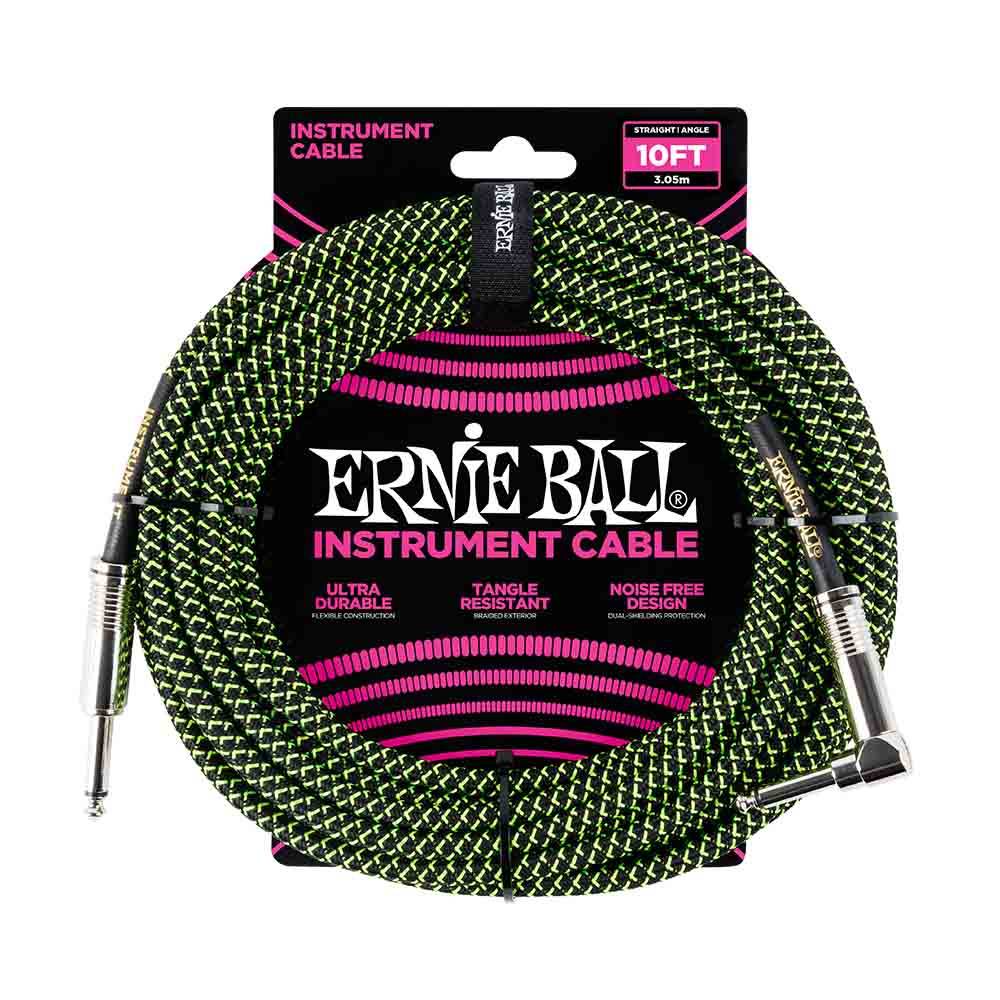 Ernie Ball Braided Instrument Cable Straight/Angle 10ft - Black/Green 6077 樂器導線