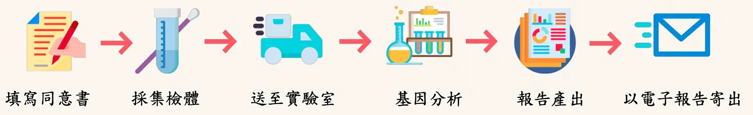 (填寫同意書 → 採集檢體 → 送至實驗室 → 基因分析 → 報告產出 → 電子報告寄出)