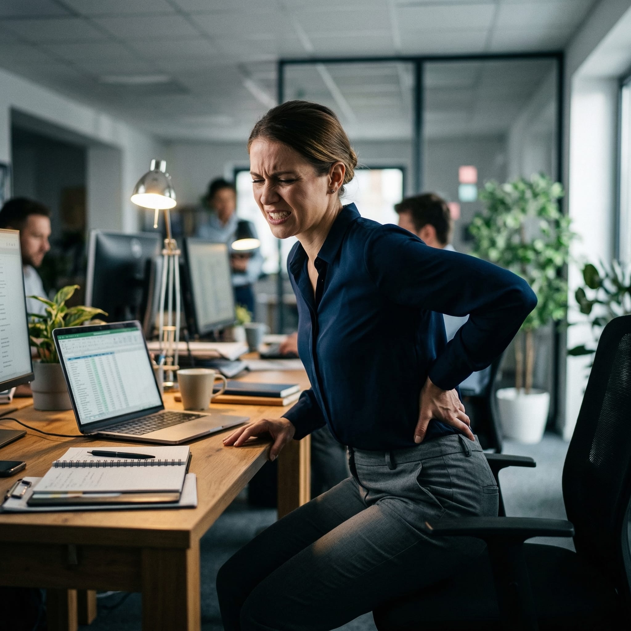 辦公室久坐導致腰酸背痛的情境