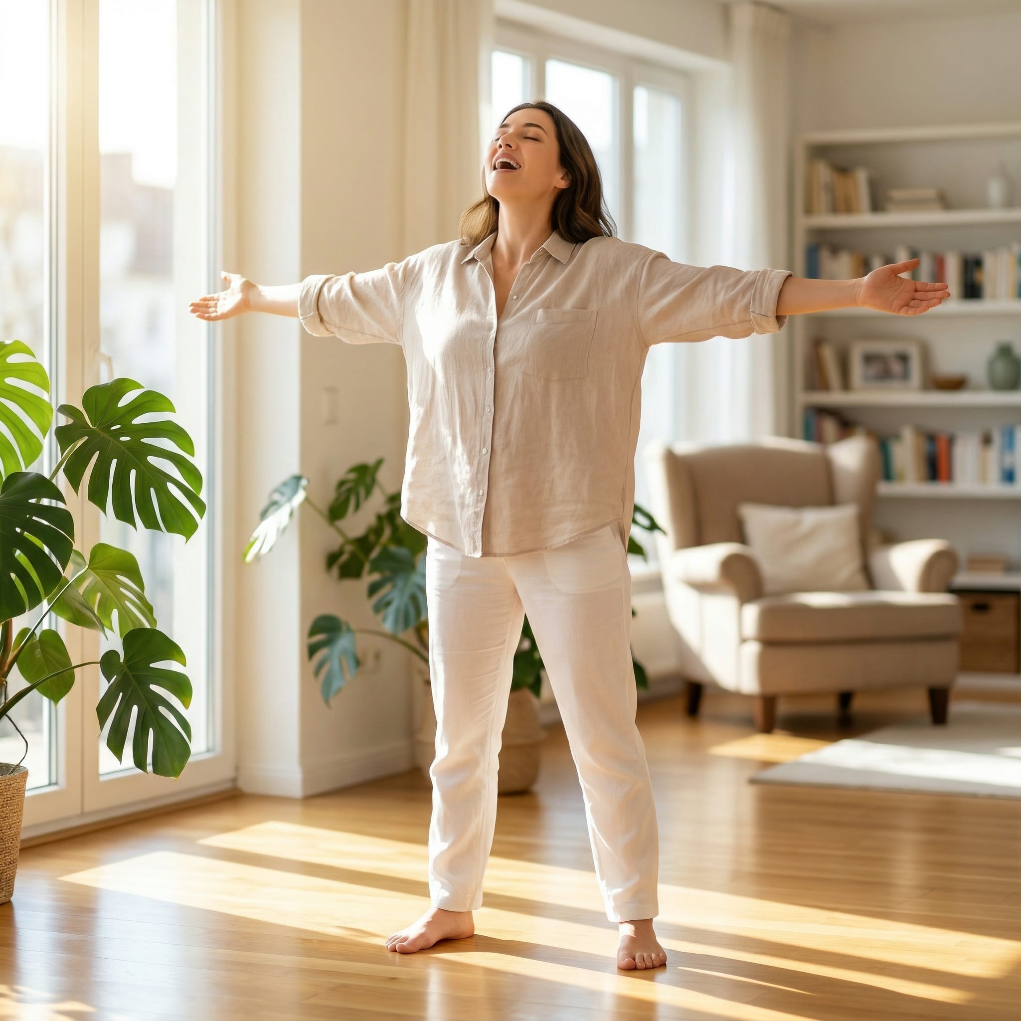 解除胸悶後暢快深呼吸的美好狀態