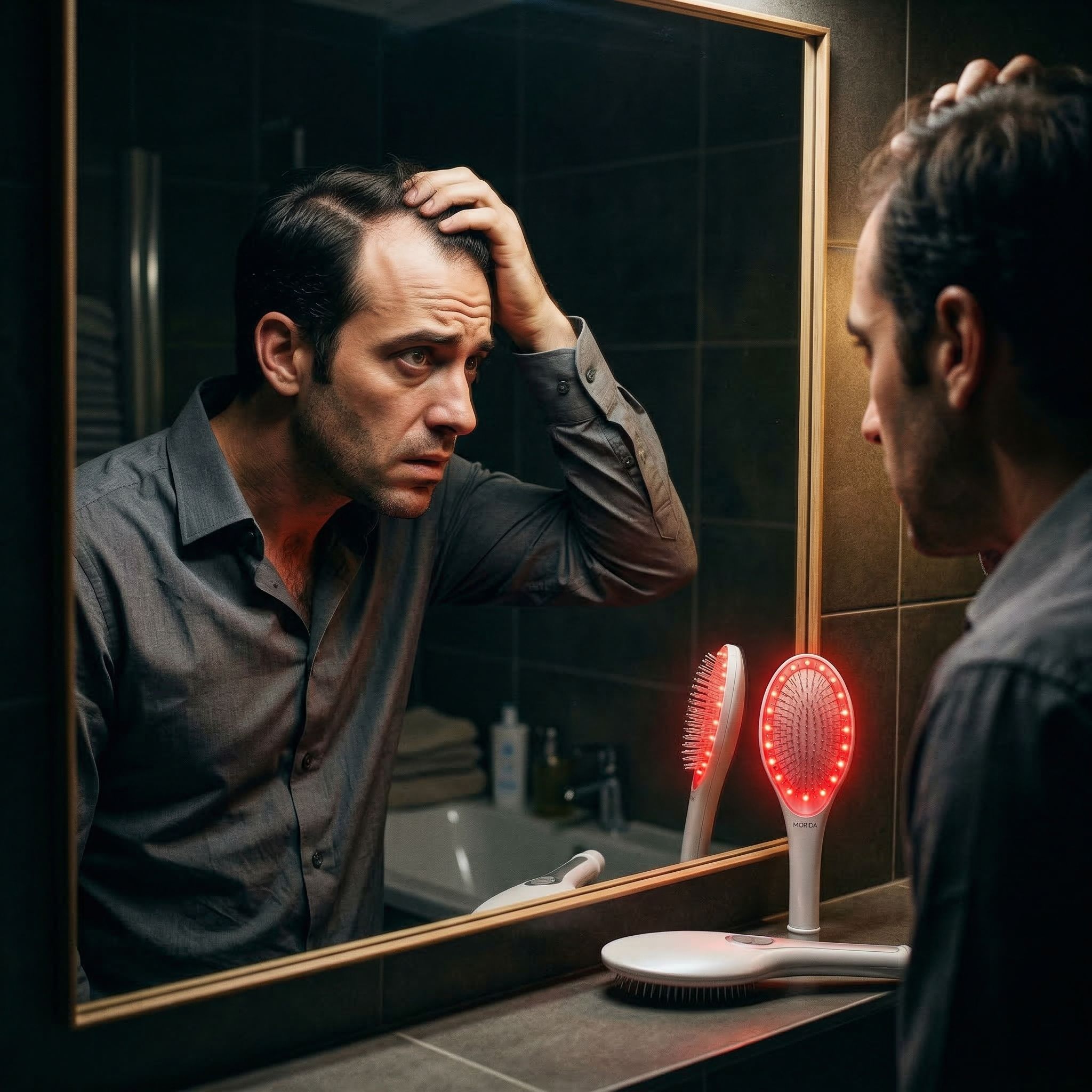 照鏡子對於落髮與髮際線感到焦慮的情境