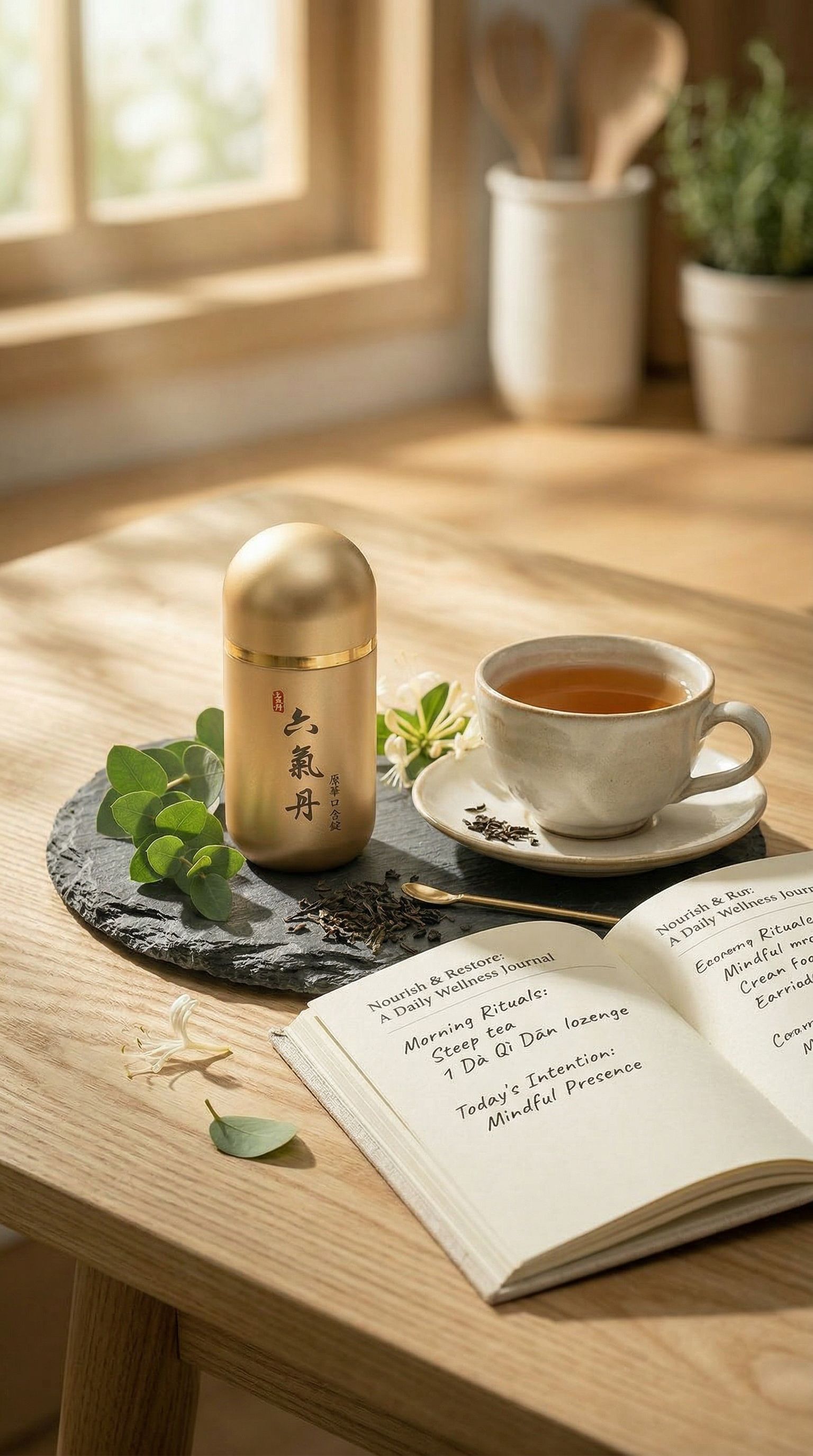 六氣丹原萃口含錠：融入日常的高階養生儀式。搭配溫茶與晨間閱讀，讓普洱發酵精華為您開啟充滿防護力與精氣神的一天。