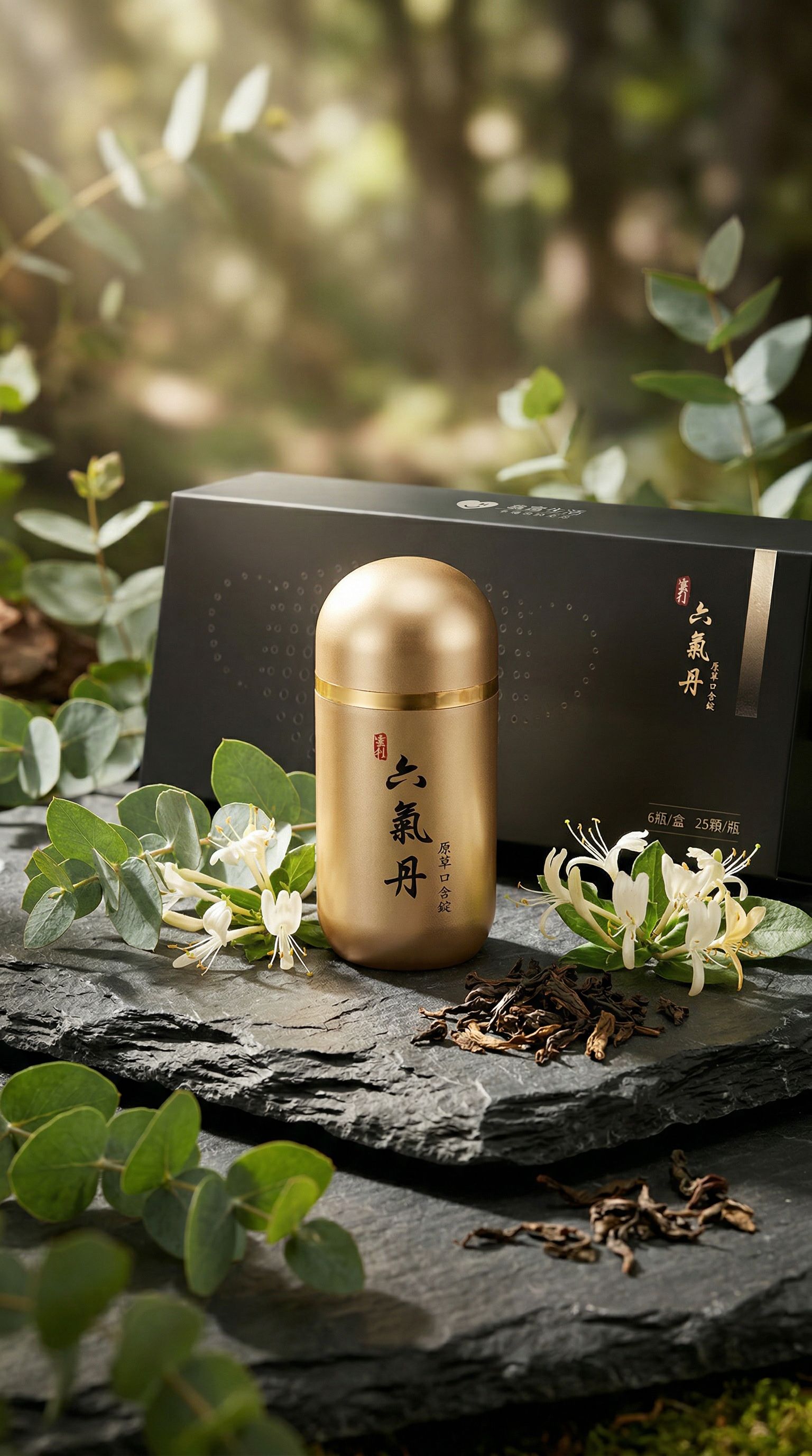 鑫富生活六氣丹原萃口含錠：源自森林的純淨草本原萃。頂級精品盒裝設計，內含普洱古樹茶與十種東方草本精華，是送禮自用皆宜的隱形防護罩。