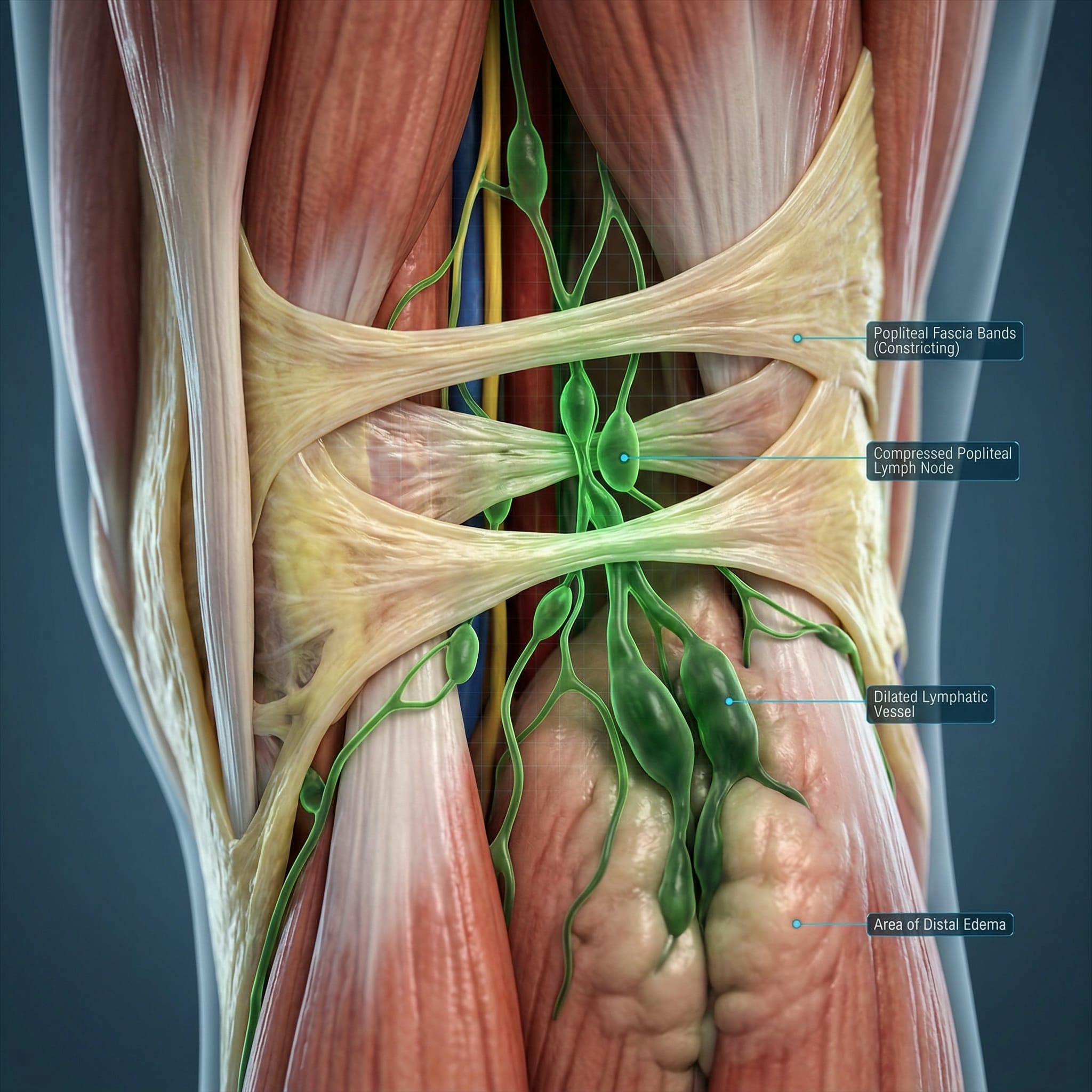 膕窩筋膜緊繃壓迫淋巴結導致水腫