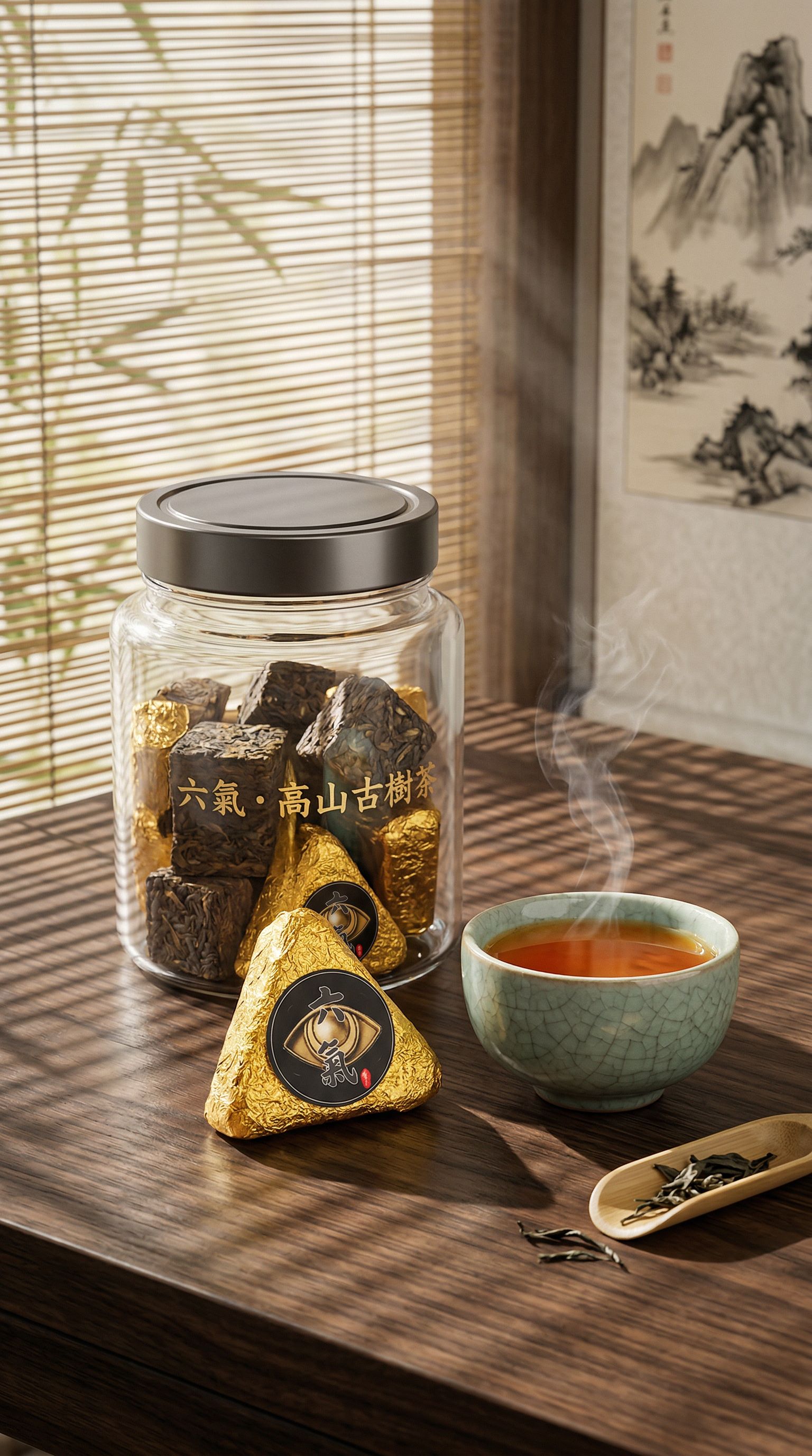 鑫富生活六氣能量普洱茶，精緻透明罐裝，內含三角金箔茶塊