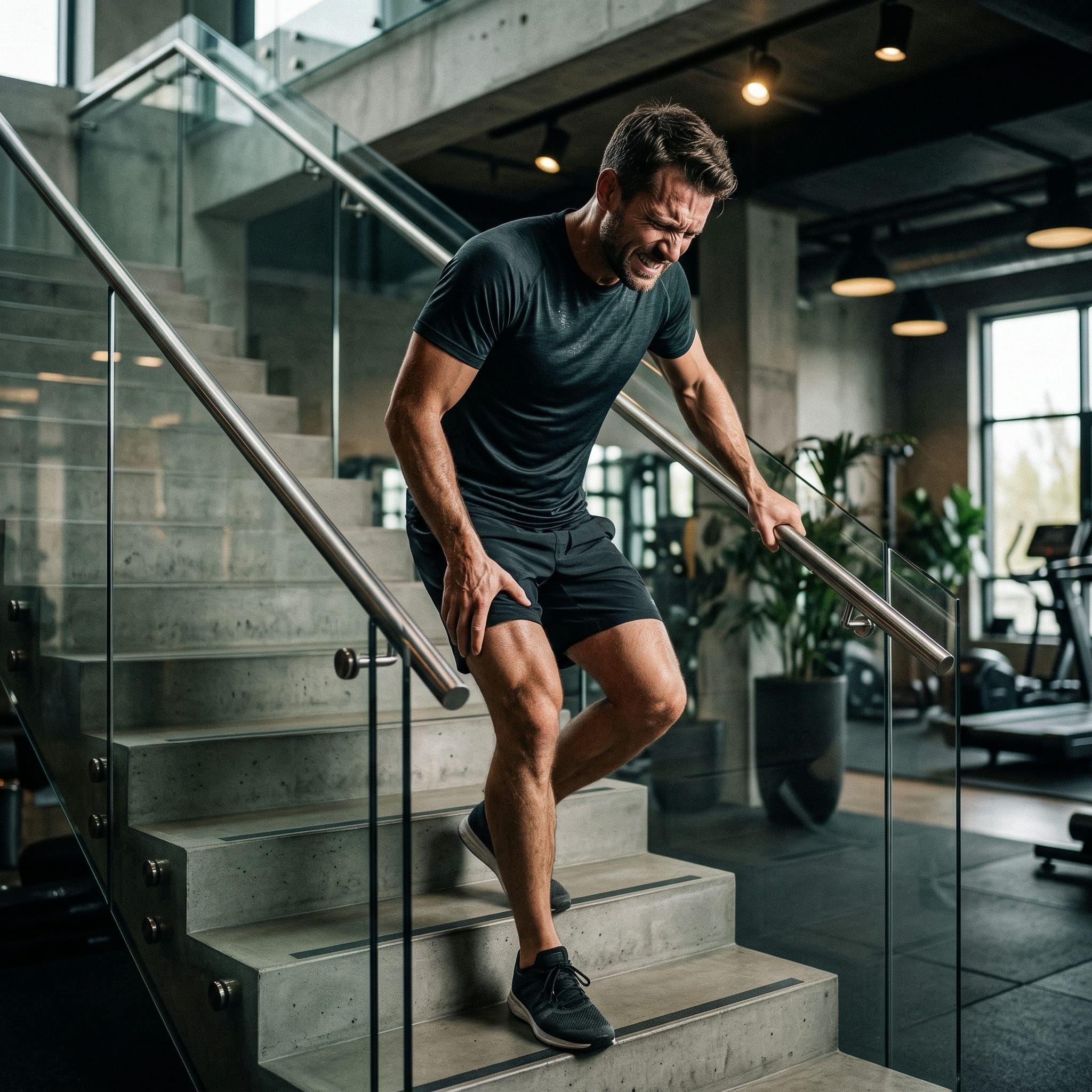 運動後嚴重鐵腿下樓梯痛苦情境