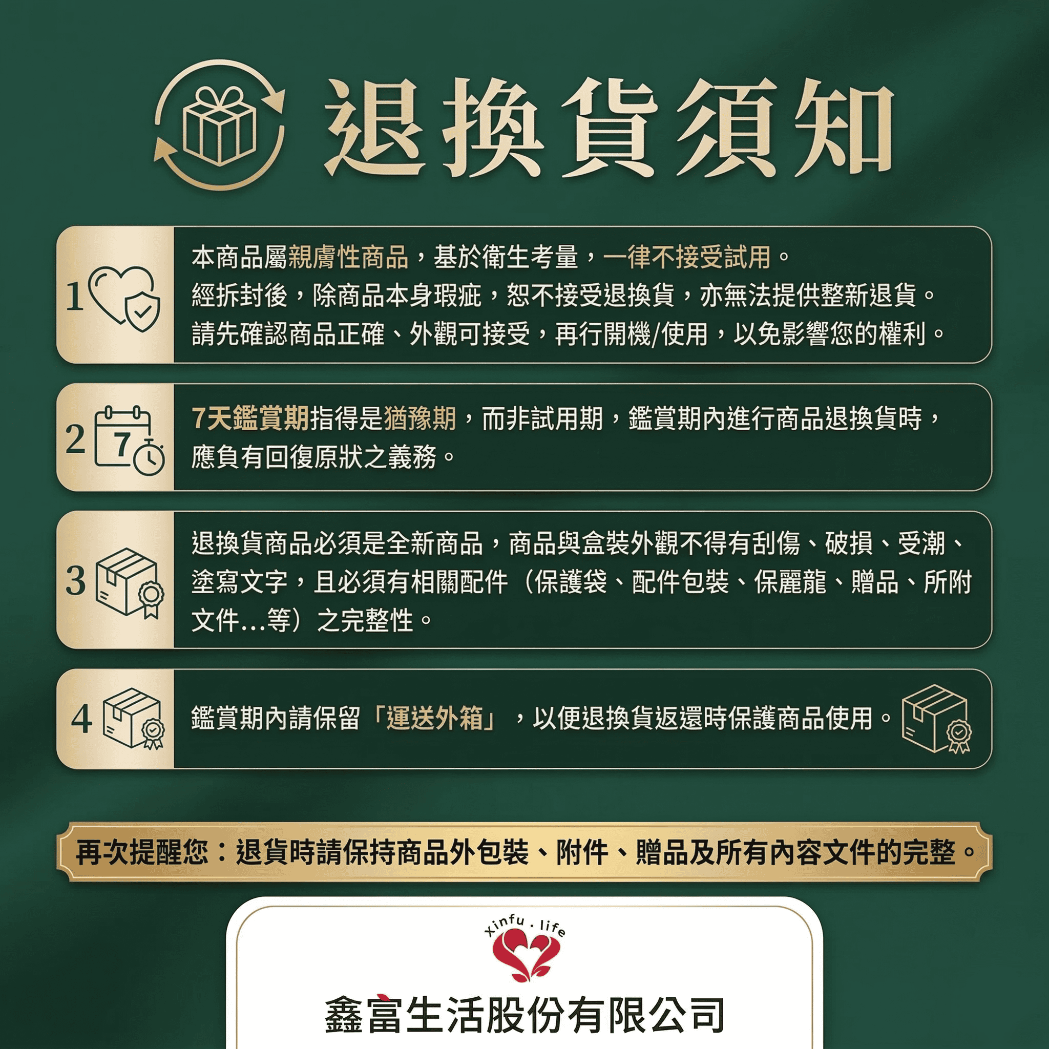 鑫富生活 7天鑑賞期與退換貨須知