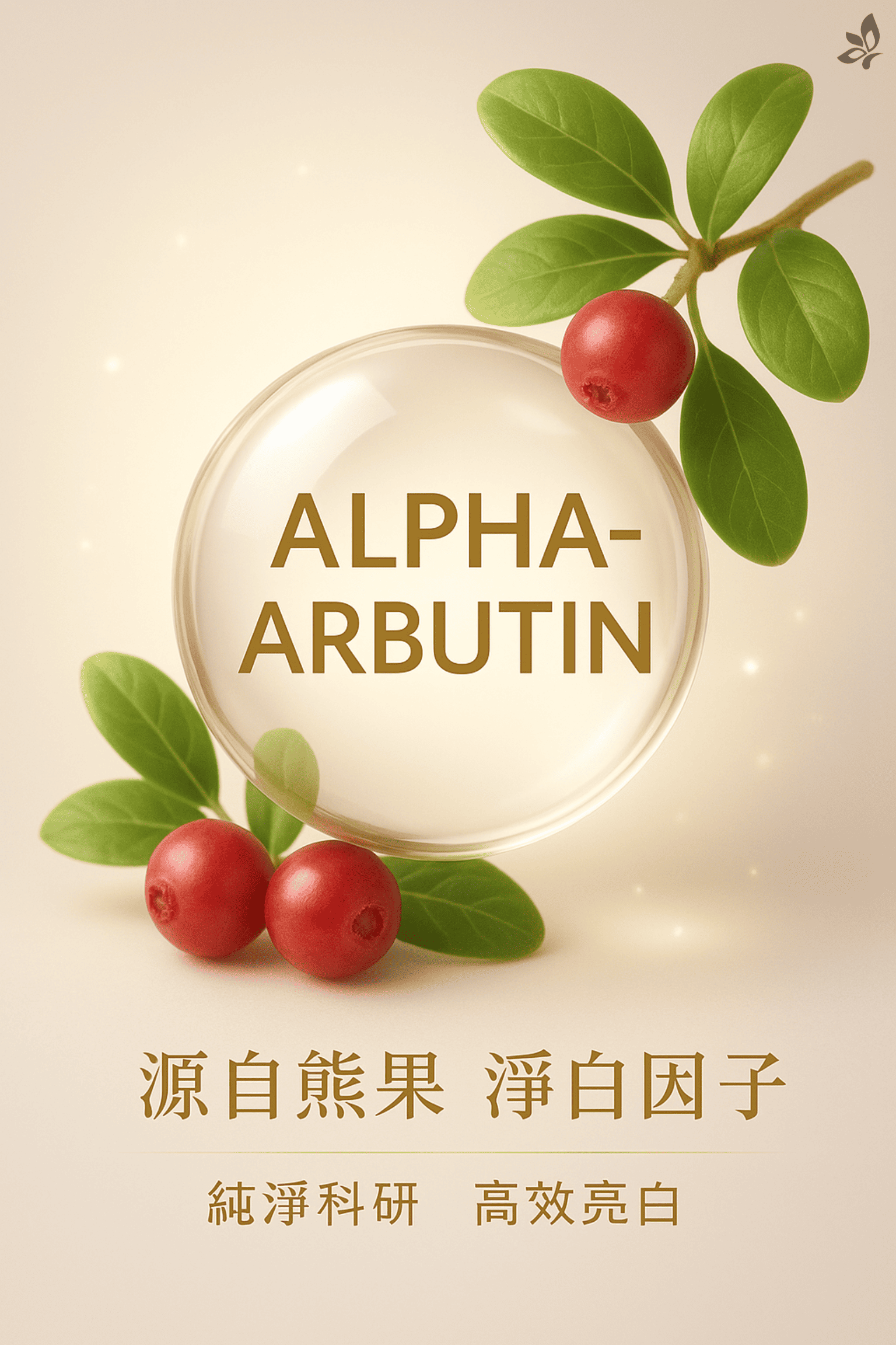 α-熊果素成分形象圖，展示源自熊果的亮白保養成分，搭配植物元素，傳達純淨、溫和與日常亮白保養的意象。