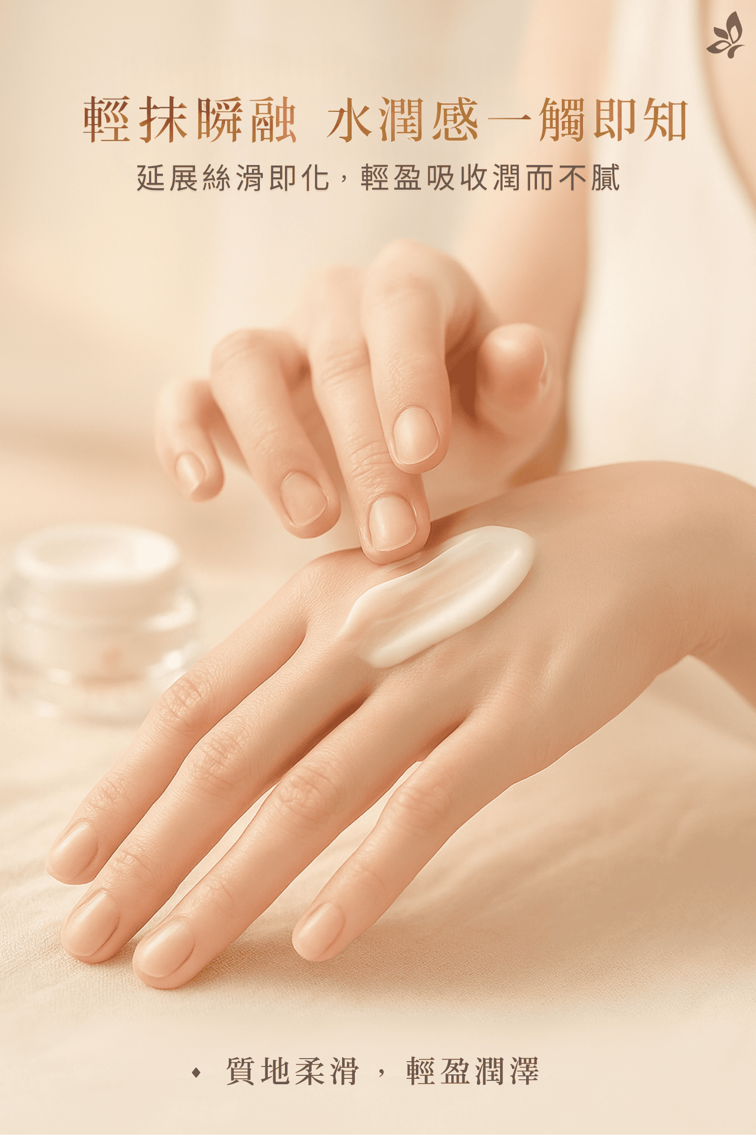 乳霜質地展示圖，呈現產品延展性佳、質地柔滑細緻，塗抹於手部肌膚後展現輕盈潤澤的使用感受。