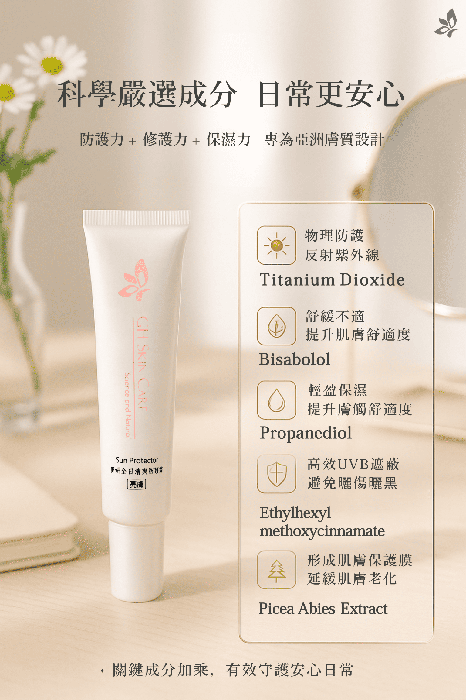 GH 菁妍全日型清爽防護霜－亮膚色 含保濕與舒緩成分示意圖