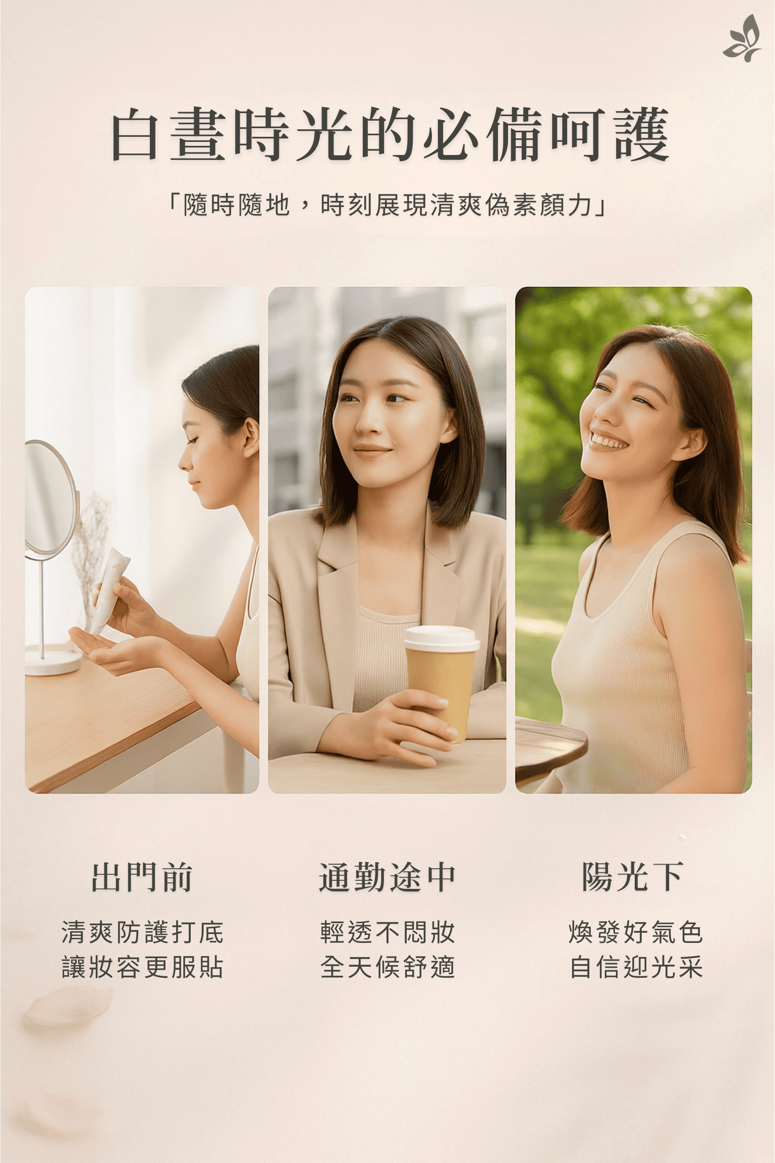 GH 菁妍全日型滋潤防護霜膚色日常使用情境示意，呈現出門前、通勤途中與戶外陽光下的妝感狀態