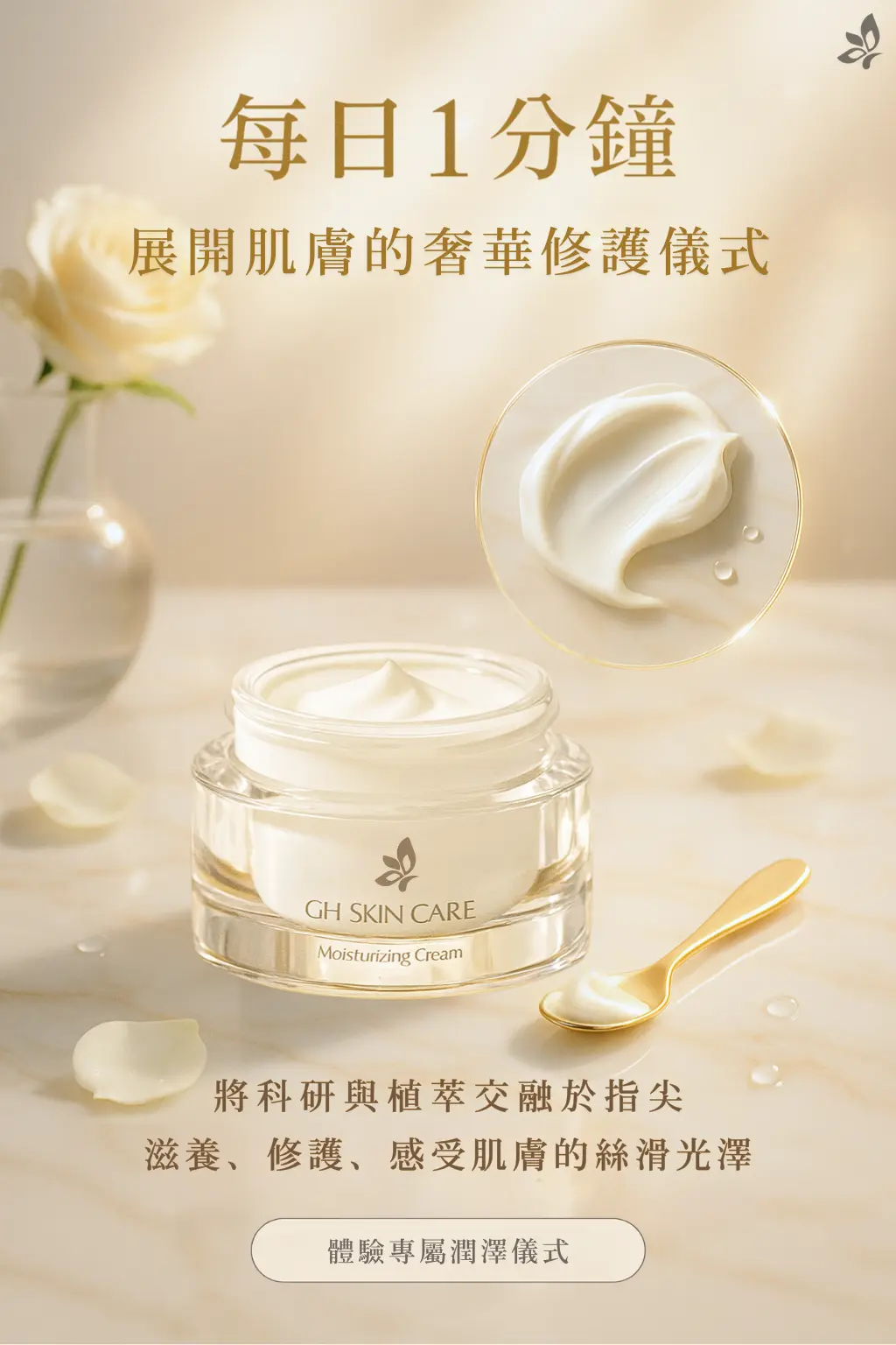 GH菁緻保濕霜30ml奶霜質地特寫，滋潤修護型面霜推薦，打造每日奢華保養儀式