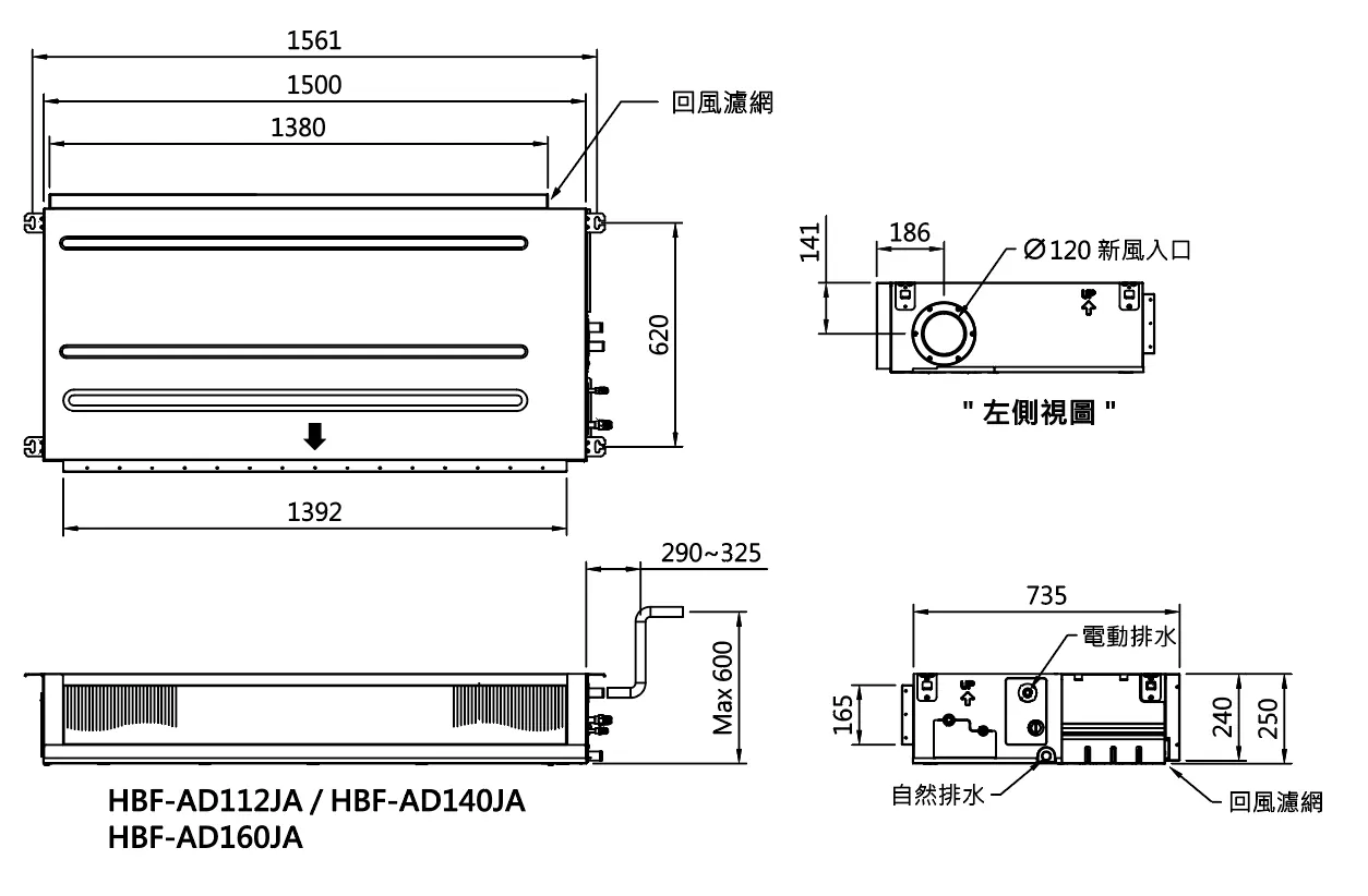 HBF-AD112JA/140JA/160JA 外型尺寸