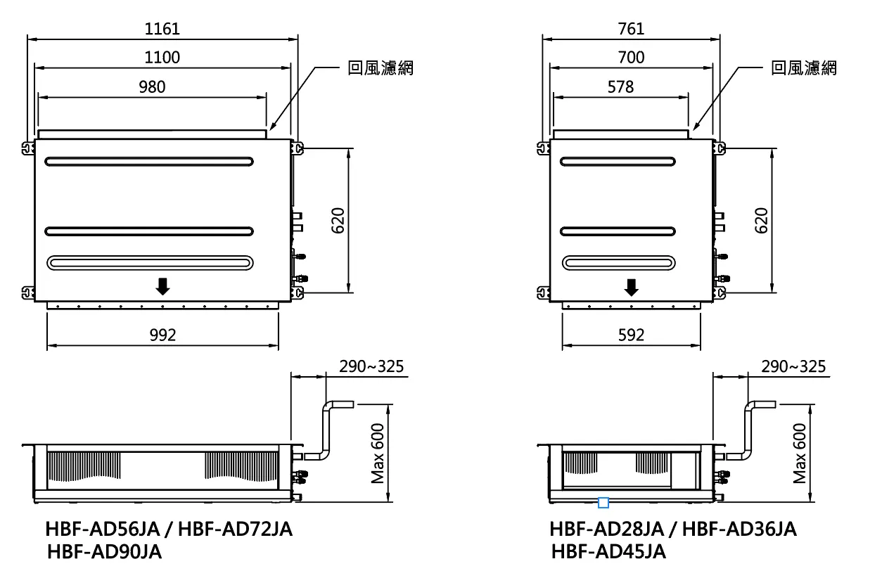 HBF-AD56JA/72JA/90JA 外型尺寸
